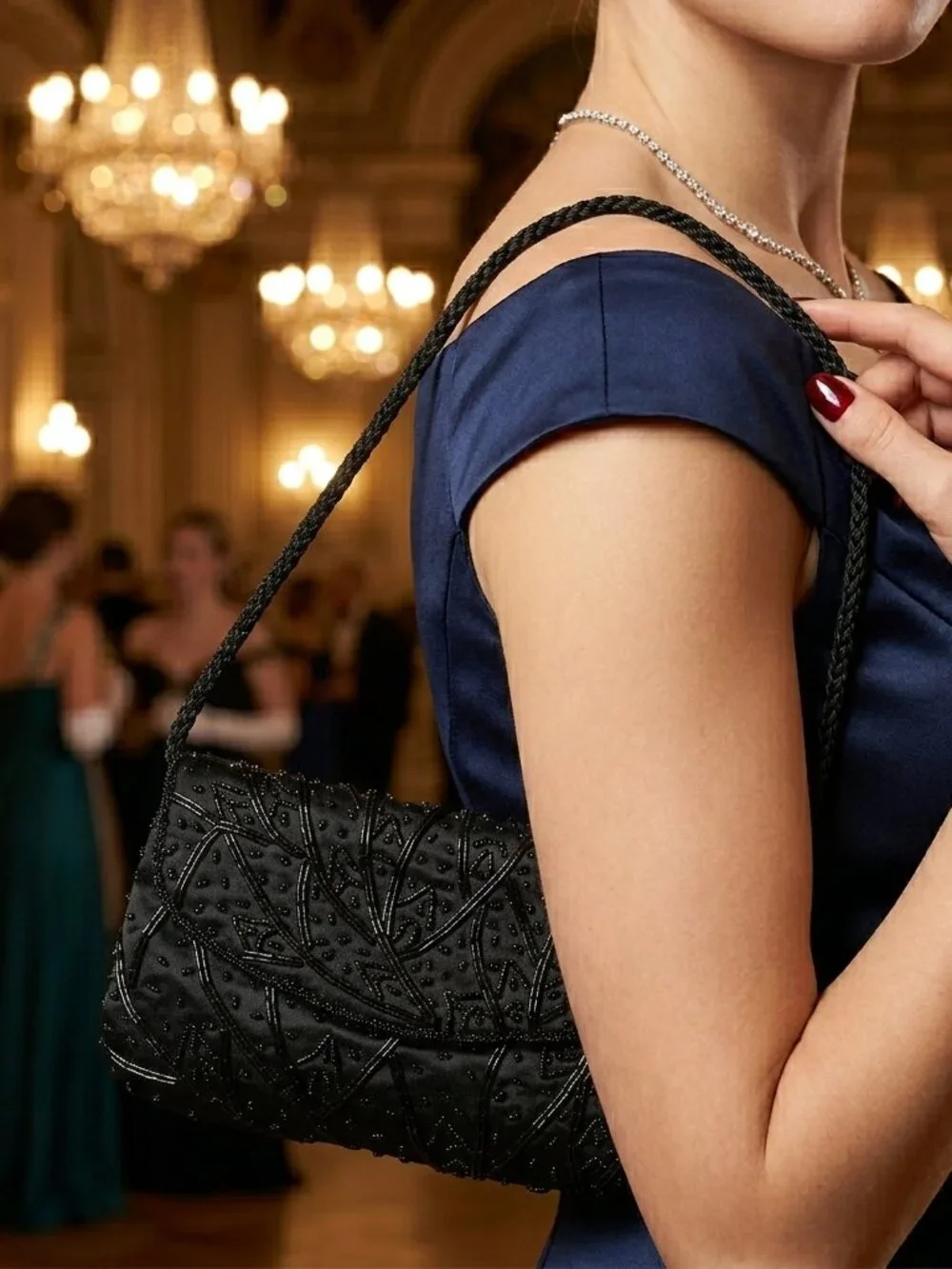 Vintage Black Beaded Clutch Purse with a Twisted Rope Strap for Formal Events